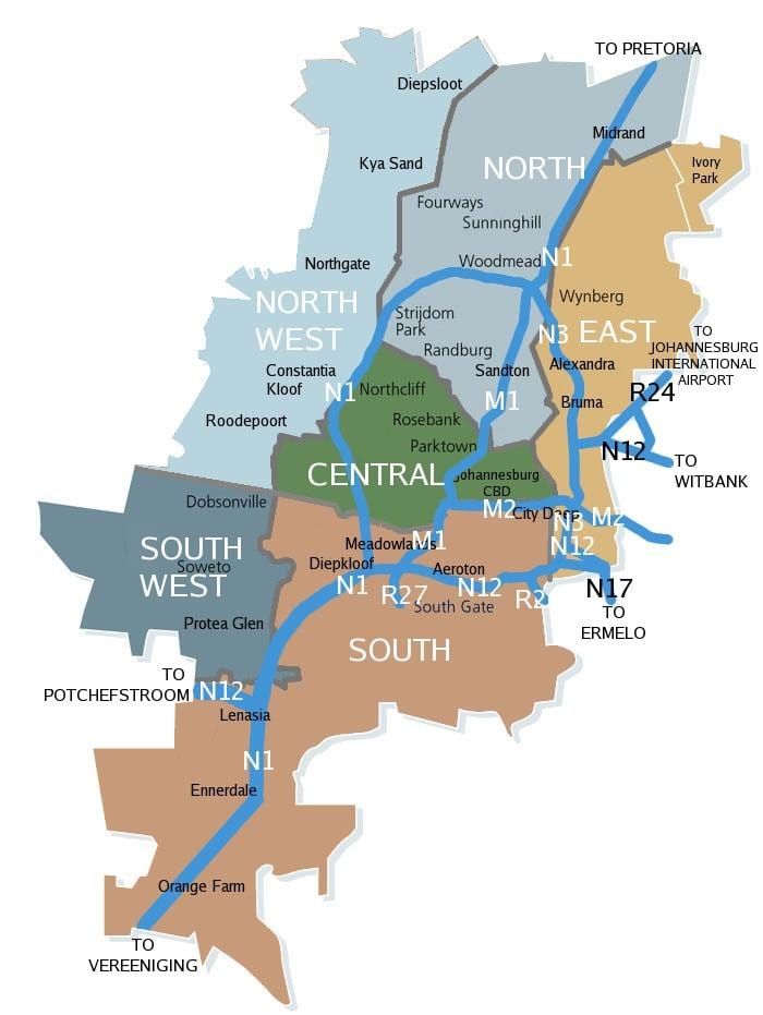 Johannesburg (Joburg Jozi) mapa okolic