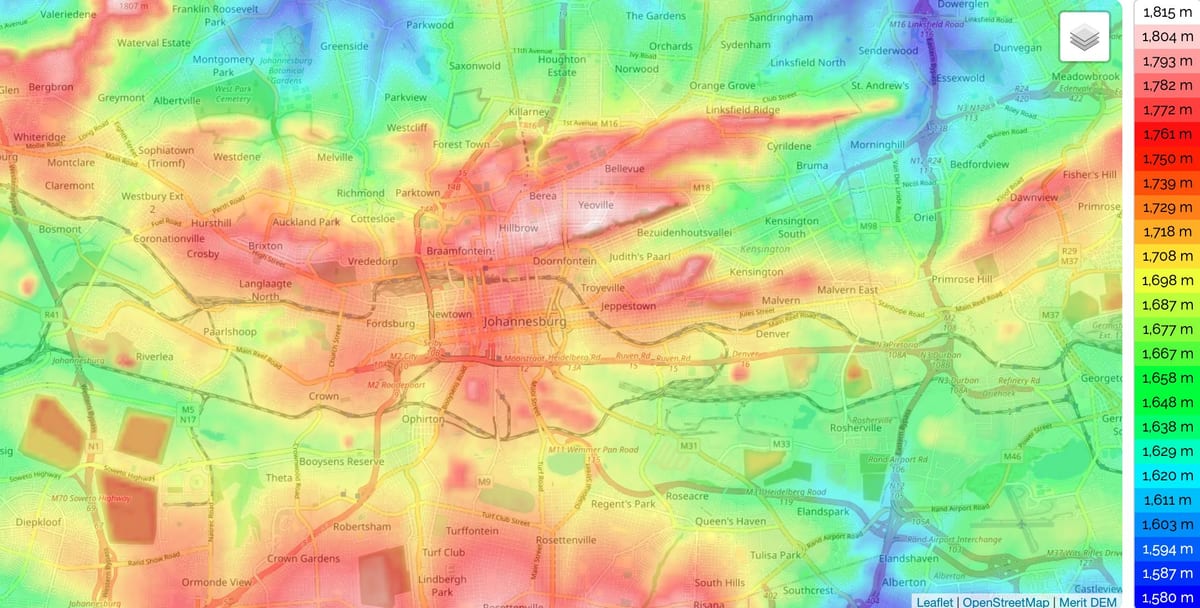 Mapa wysokości Johannesburga (Joburg Jozi)