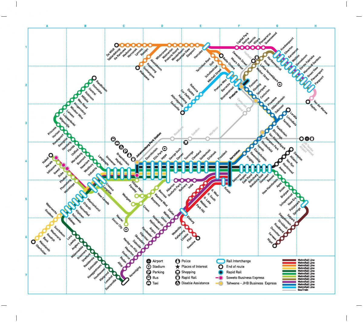 Mapa stacji kolejowych Johannesburga (Joburg Jozi)